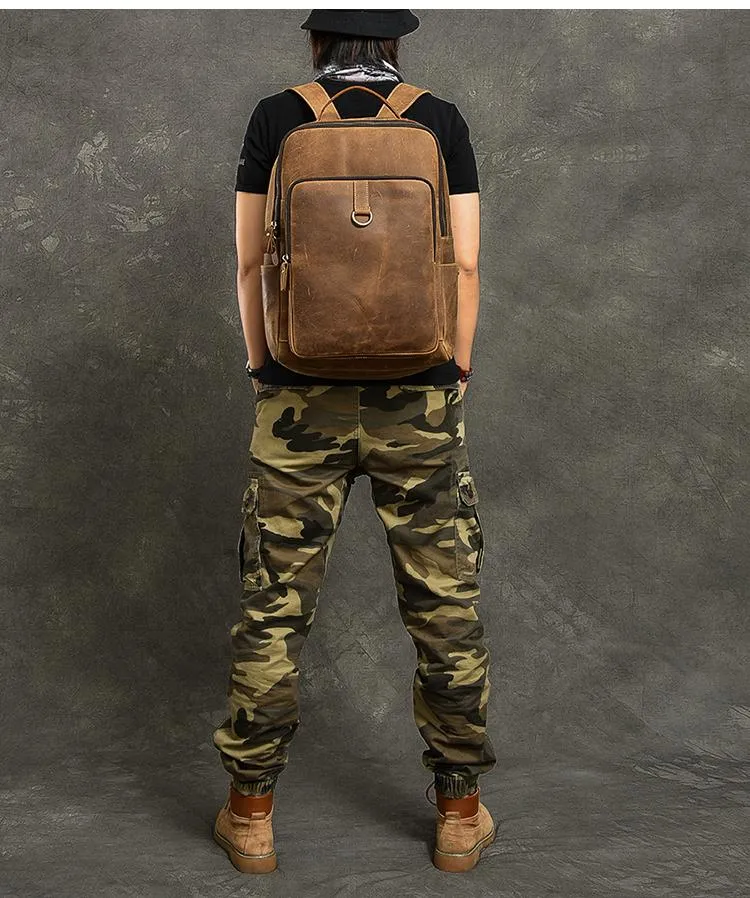 Cool Leather Mens 15" Retro Brown Hiking Backpack Travel Backpack College Backpack for Men