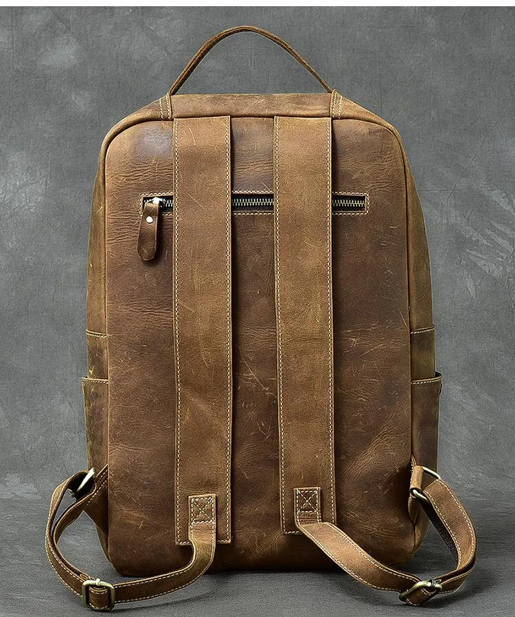 Cool Leather Mens 15" Retro Brown Hiking Backpack Travel Backpack College Backpack for Men
