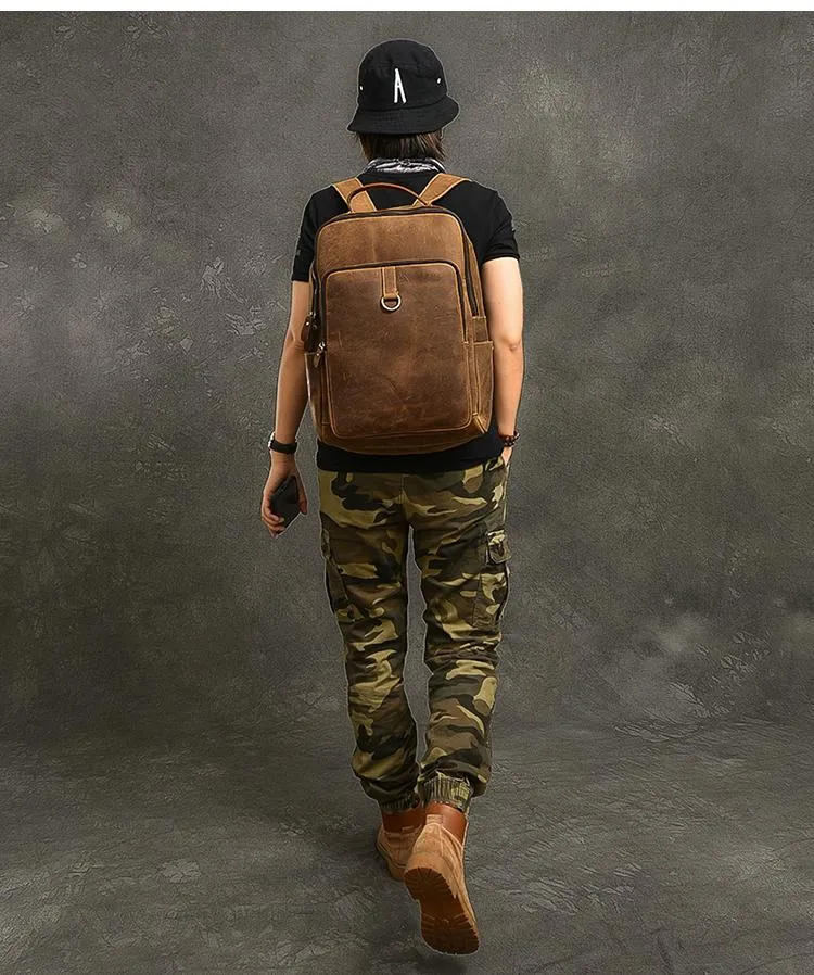 Cool Leather Mens 15" Retro Brown Hiking Backpack Travel Backpack College Backpack for Men
