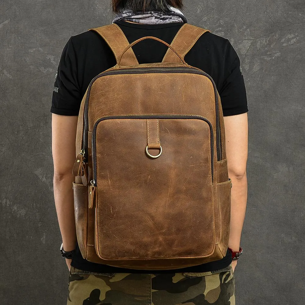 Cool Leather Mens 15" Retro Brown Hiking Backpack Travel Backpack College Backpack for Men