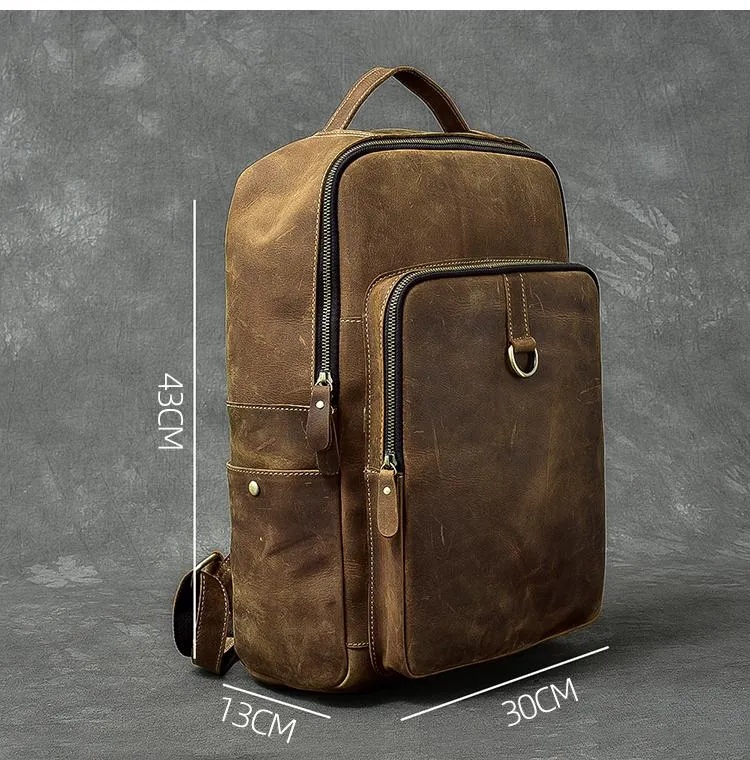 Cool Leather Mens 15" Retro Brown Hiking Backpack Travel Backpack College Backpack for Men