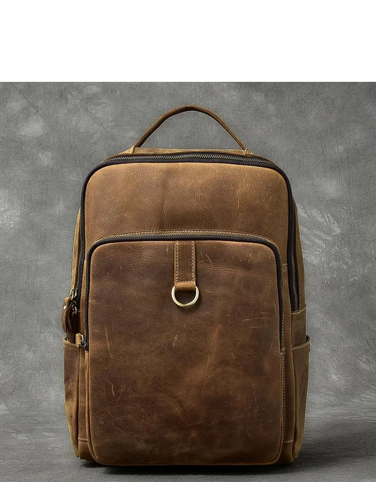 Cool Leather Mens 15" Retro Brown Hiking Backpack Travel Backpack College Backpack for Men