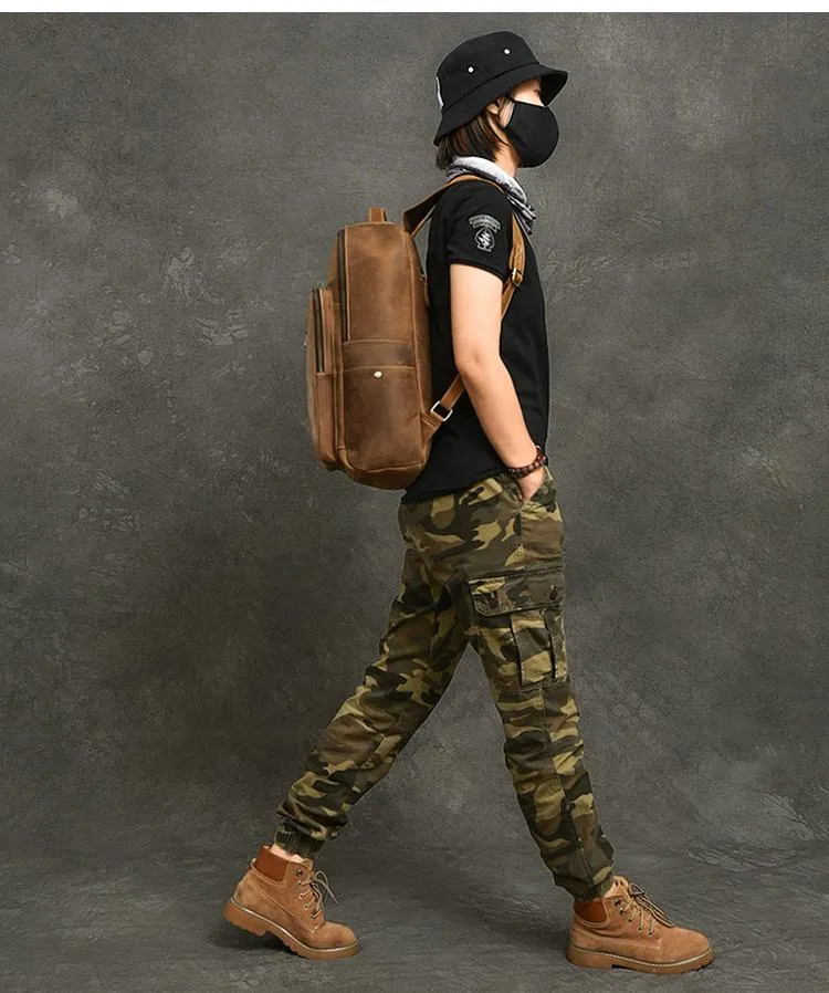 Cool Leather Mens 15" Retro Brown Hiking Backpack Travel Backpack College Backpack for Men
