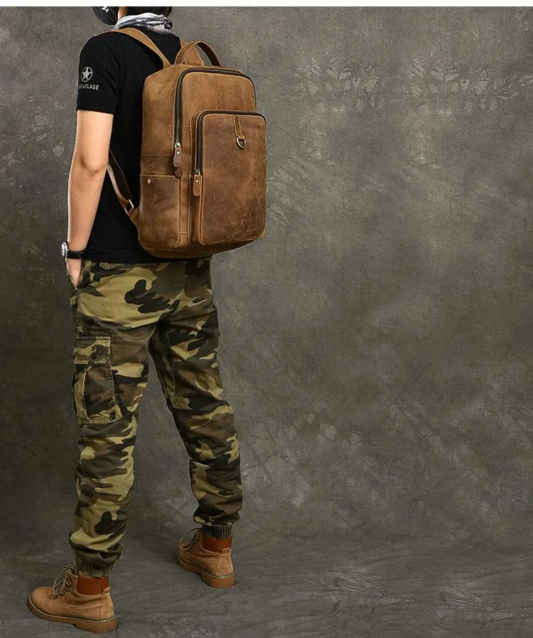 Cool Leather Mens 15" Retro Brown Hiking Backpack Travel Backpack College Backpack for Men