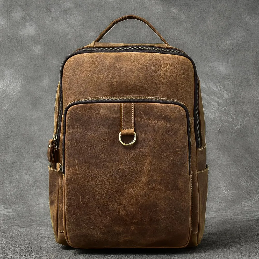 Cool Leather Mens 15" Retro Brown Hiking Backpack Travel Backpack College Backpack for Men