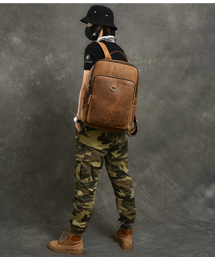 Cool Leather Mens 15" Retro Brown Hiking Backpack Travel Backpack College Backpack for Men