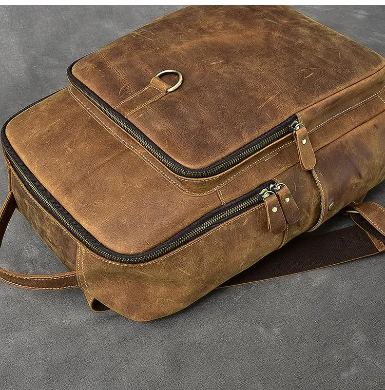Cool Leather Mens 15" Retro Brown Hiking Backpack Travel Backpack College Backpack for Men