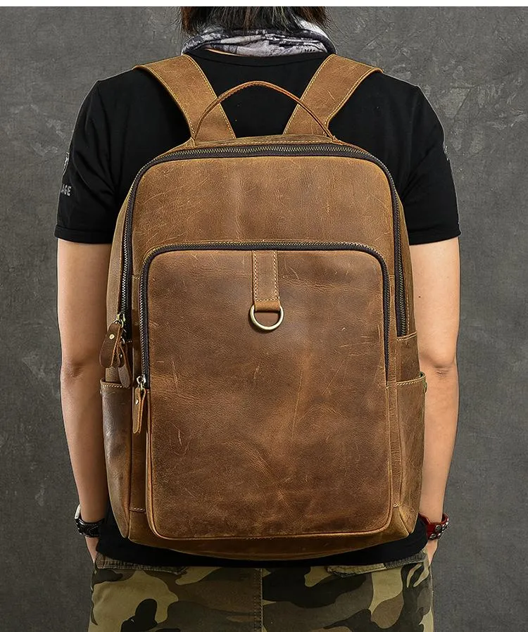 Cool Leather Mens 15" Retro Brown Hiking Backpack Travel Backpack College Backpack for Men