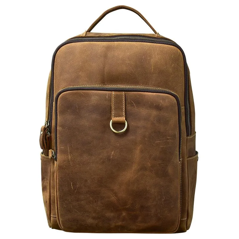 Cool Leather Mens 15" Retro Brown Hiking Backpack Travel Backpack College Backpack for Men