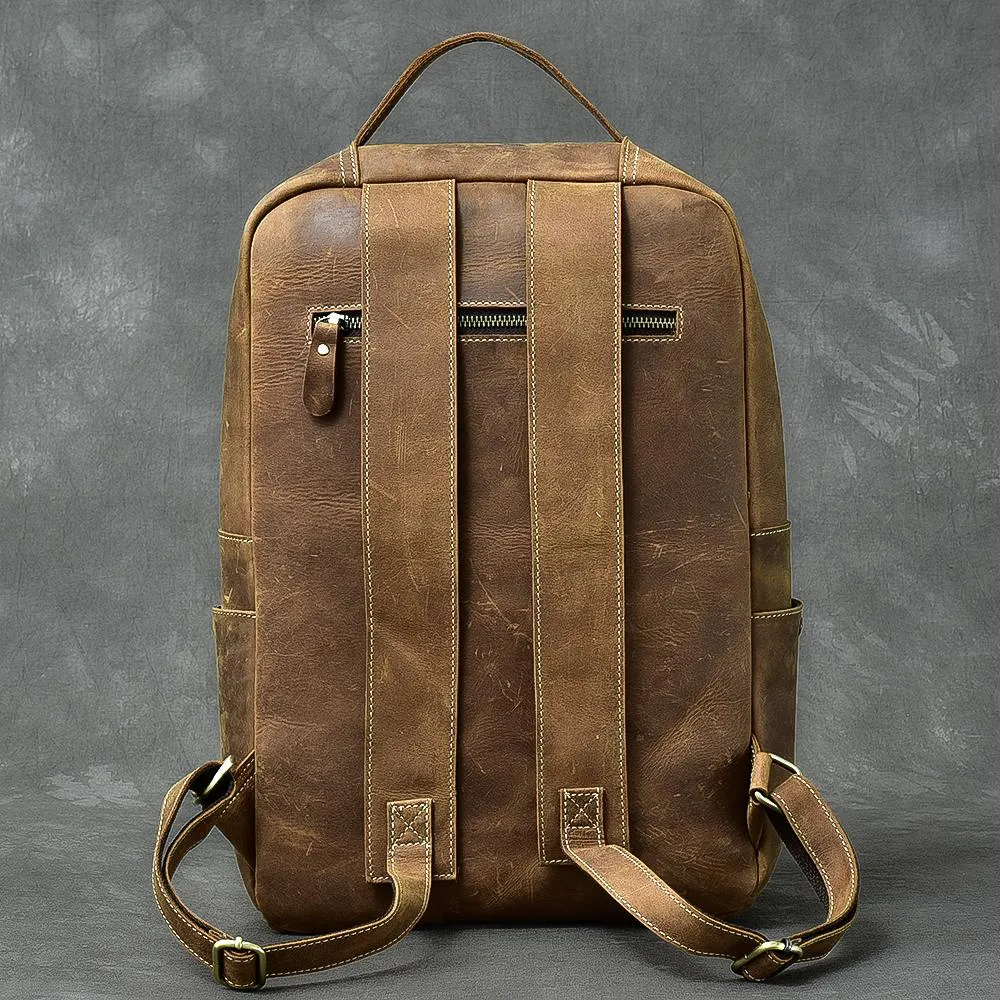 Cool Leather Mens 15" Retro Brown Hiking Backpack Travel Backpack College Backpack for Men