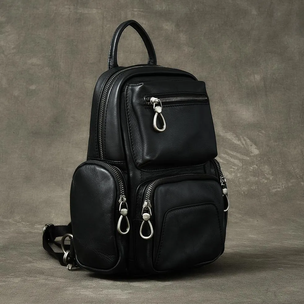 Cool Leather Mens 8" Black Backpack Sling Bag Chest Bag One Shoulder Backpack for Men