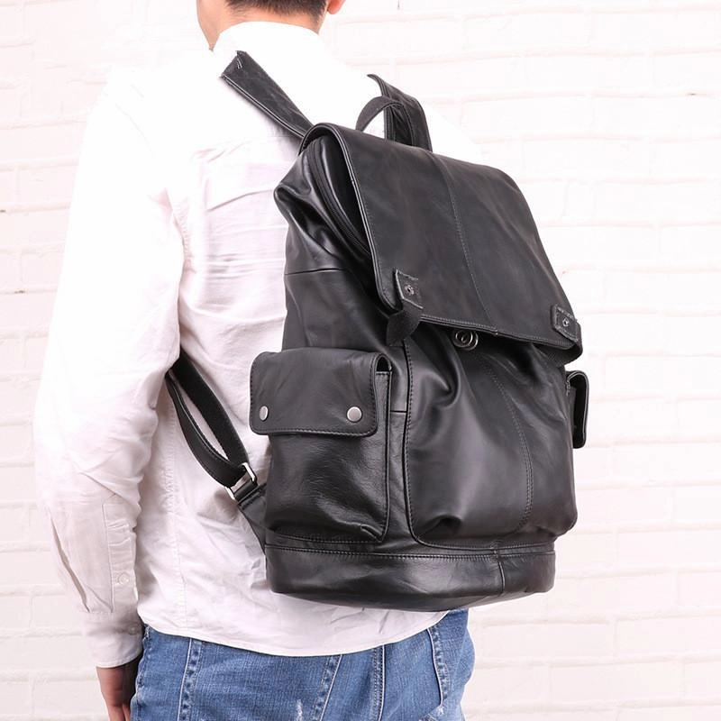 Cool Brown Black Leather Men's Backpack College Backpack 13inch Laptop Backpack For Men