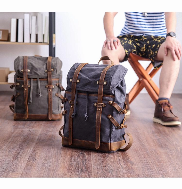 Cool Canvas Leather Mens Womens Dark Gray Backpack Army Green Travel Backpack College Backpack for Men