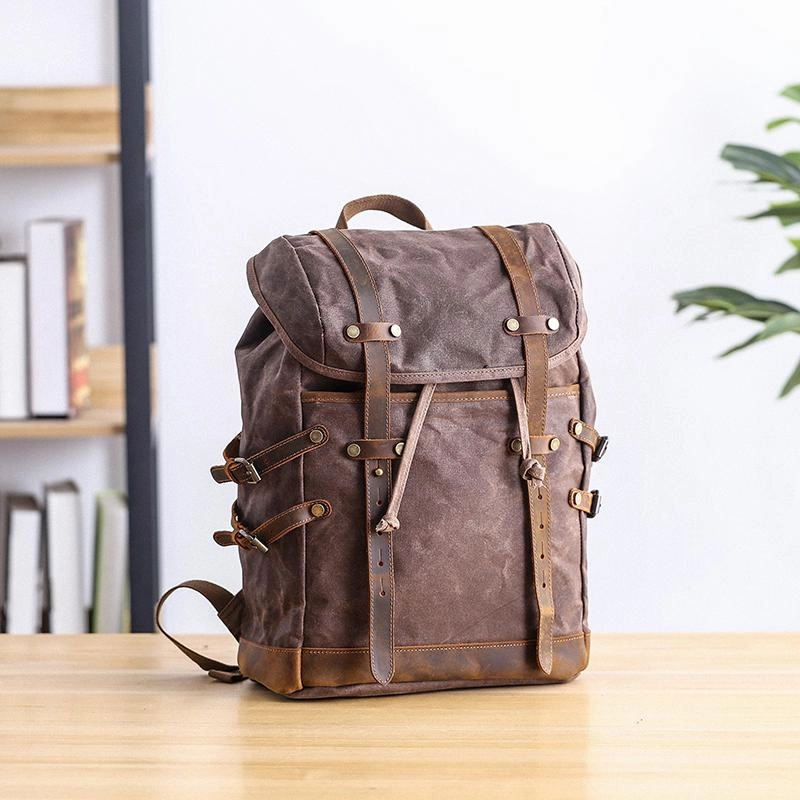 Cool Canvas Leather Mens Womens Dark Gray Backpack Army Green Travel Backpack College Backpack for Men