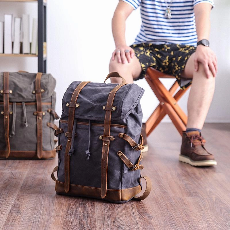 Cool Canvas Leather Mens Womens Dark Gray Backpack Army Green Travel Backpack College Backpack for Men