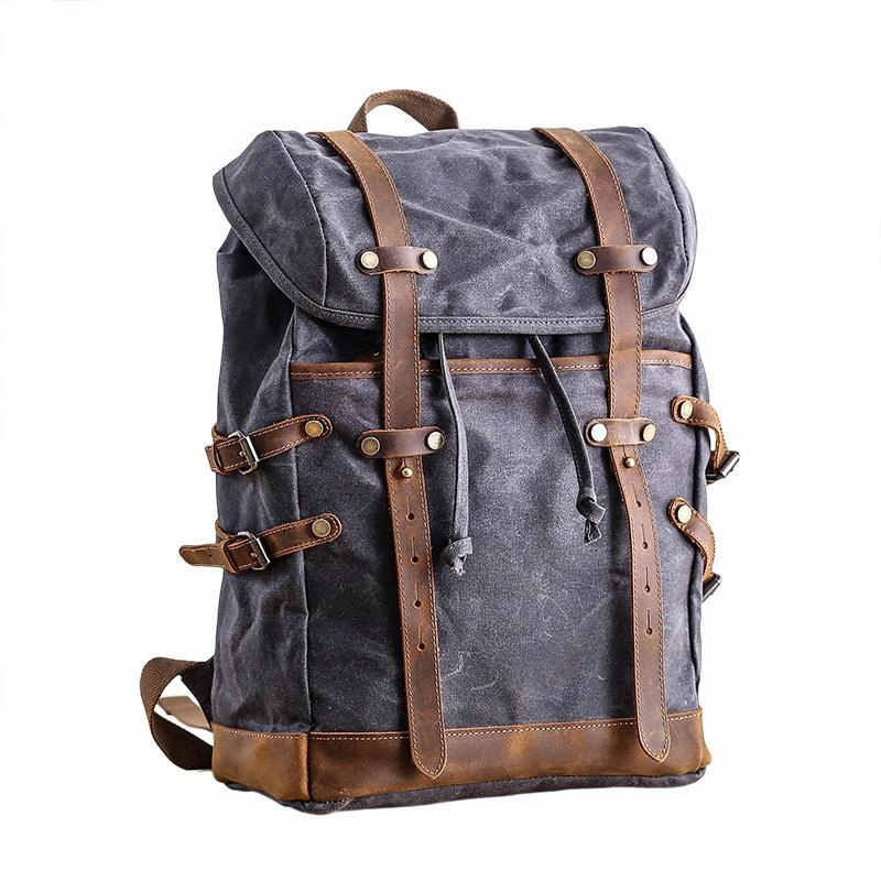 Cool Canvas Leather Mens Womens Dark Gray Backpack Army Green Travel Backpack College Backpack for Men