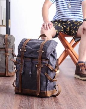 Cool Canvas Leather Mens Womens Dark Gray Backpack Army Green Travel Backpack College Backpack for Men