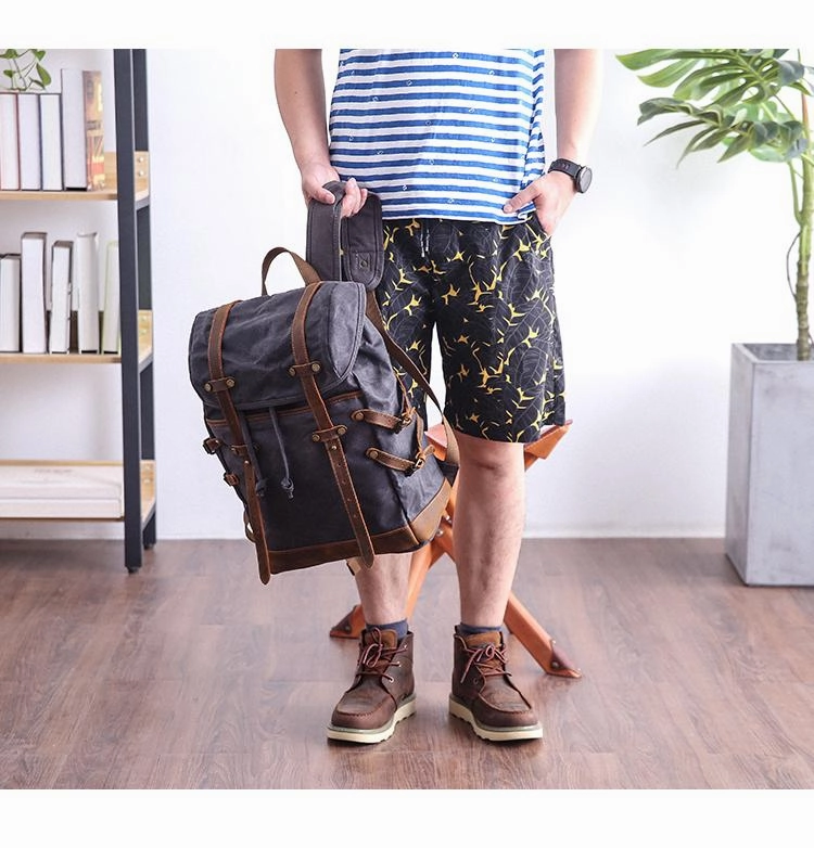 Cool Canvas Leather Mens Womens Dark Gray Backpack Army Green Travel Backpack College Backpack for Men