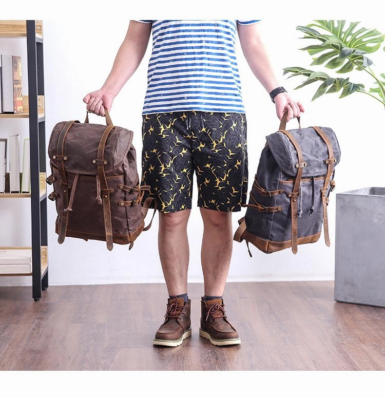 Cool Canvas Leather Mens Womens Dark Gray Backpack Army Green Travel Backpack College Backpack for Men