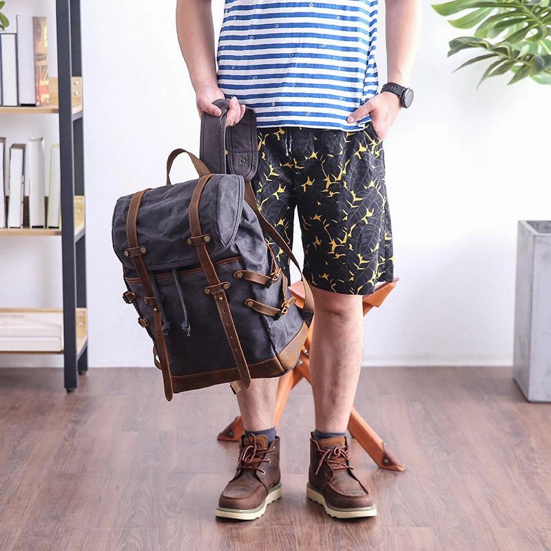 Cool Canvas Leather Mens Womens Dark Gray Backpack Army Green Travel Backpack College Backpack for Men