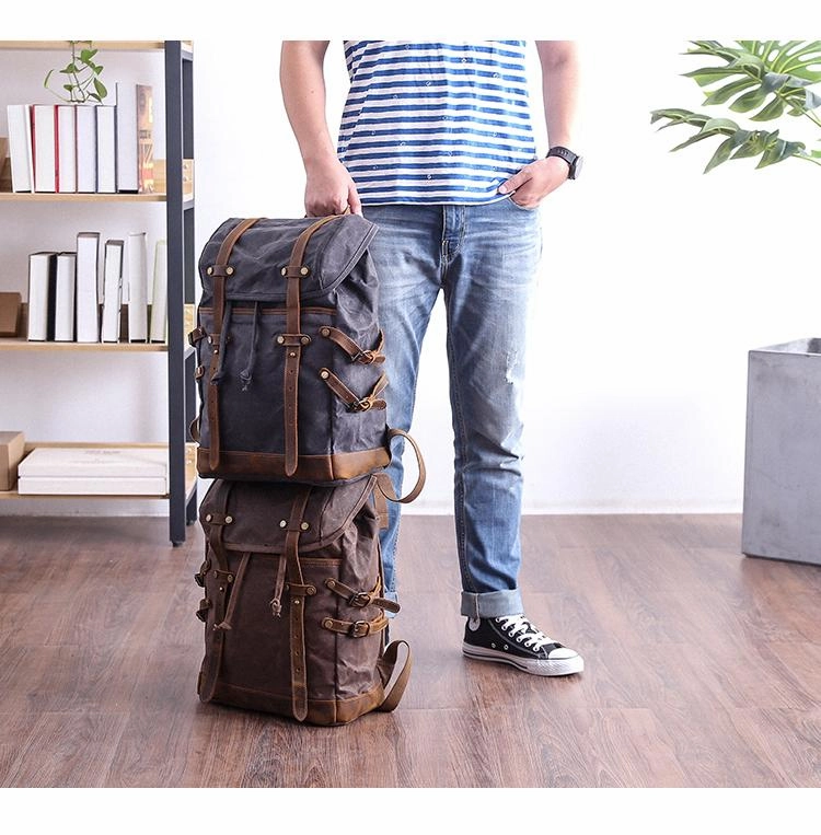 Cool Canvas Leather Mens Womens Dark Gray Backpack Army Green Travel Backpack College Backpack for Men