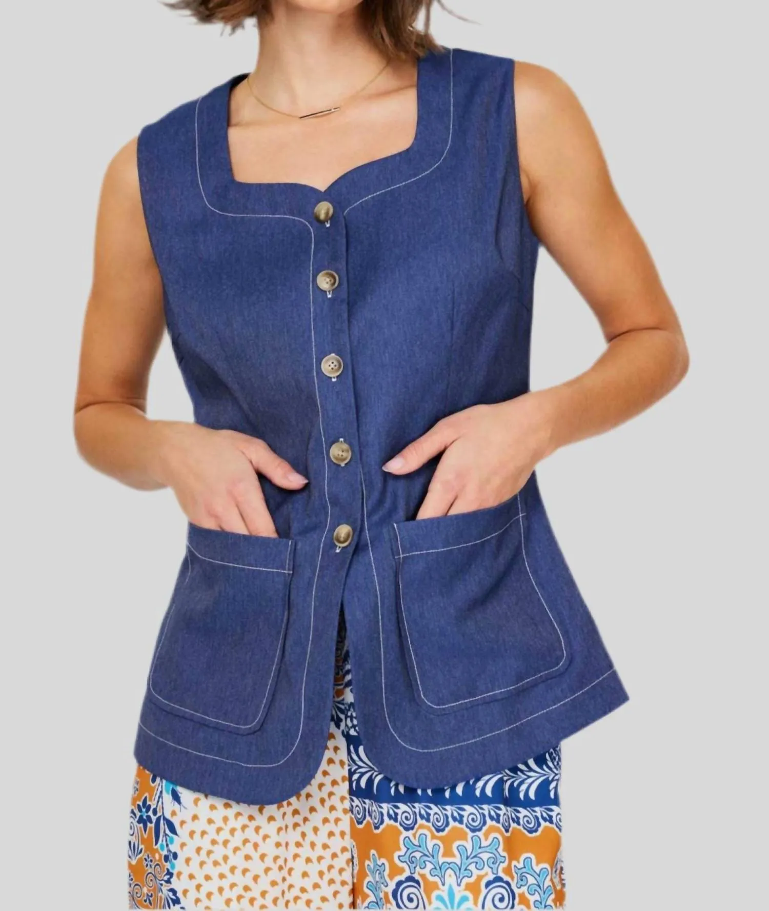 Denim Button Front Vest In Blue