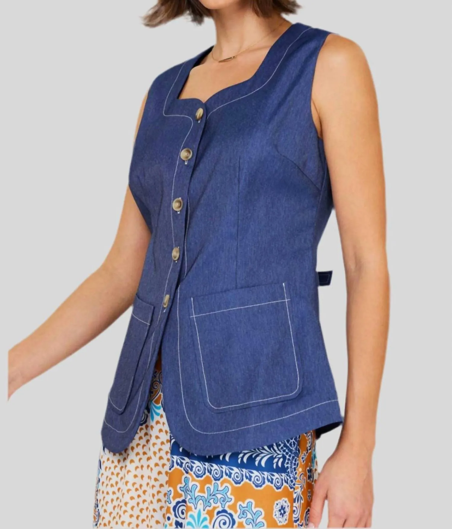 Denim Button Front Vest In Blue
