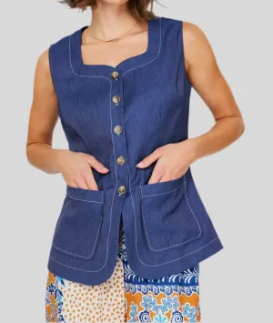 Denim Button Front Vest In Blue