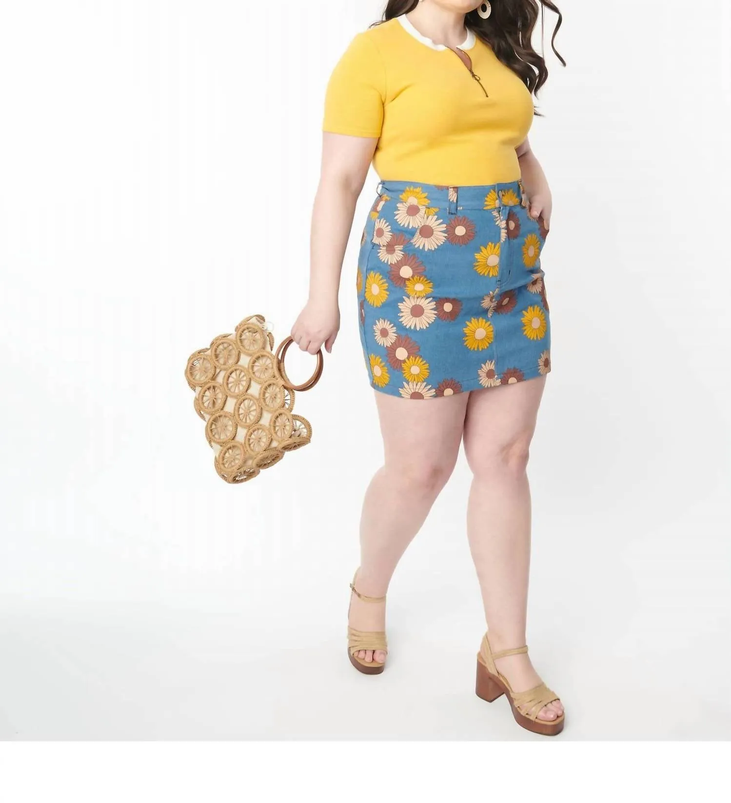 Denim Floral What A Classic Mini Skirt - Plus In Denim / Brown Multi