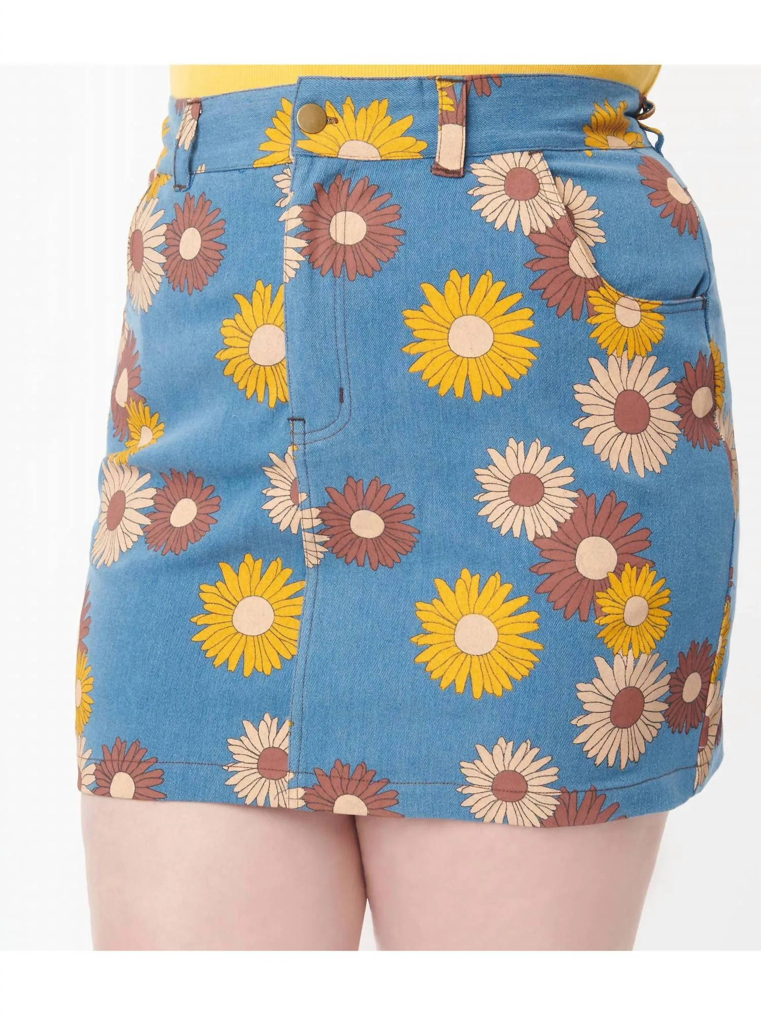 Denim Floral What A Classic Mini Skirt - Plus In Denim / Brown Multi