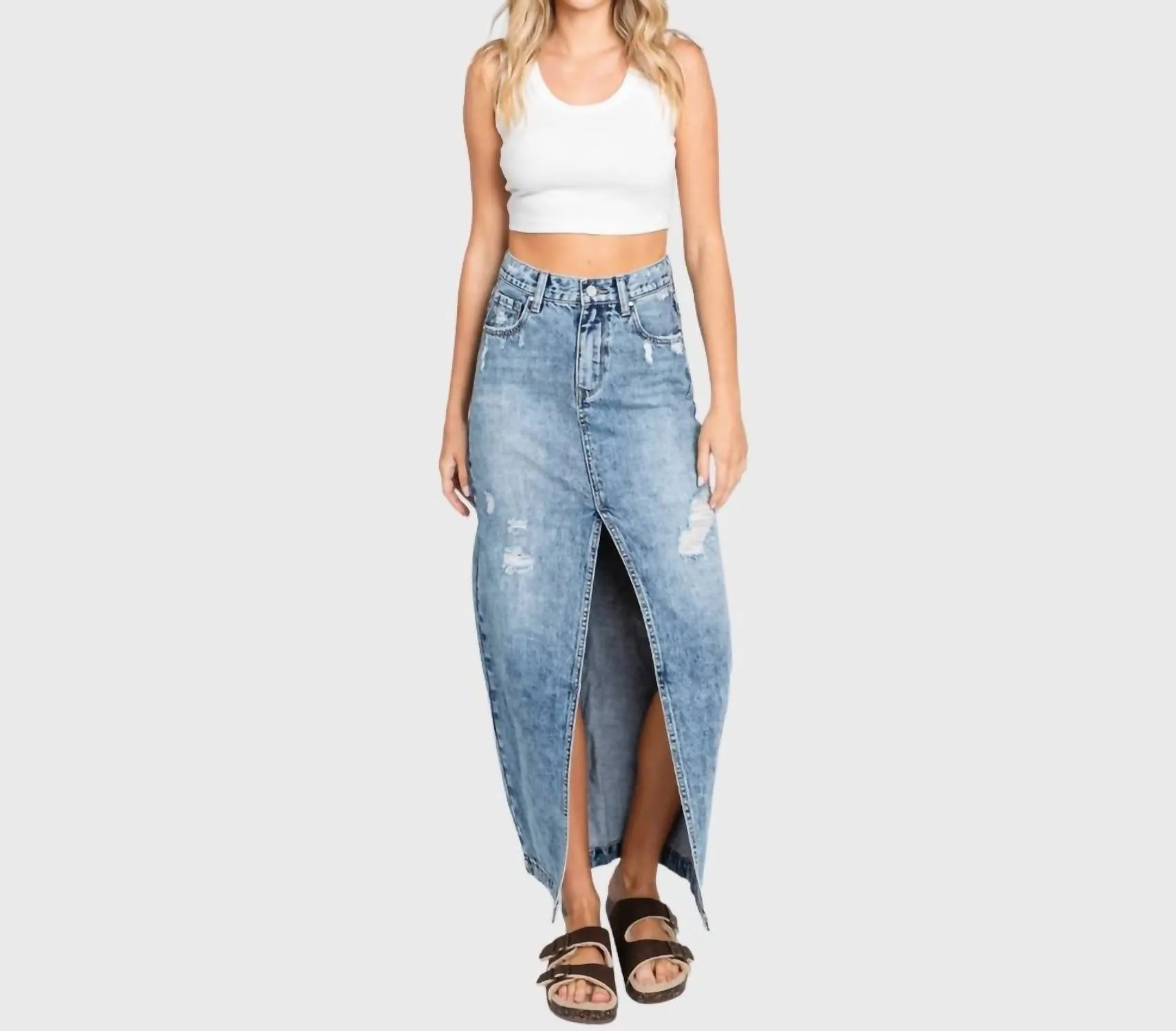 Destroyed Rigid Maxi Skirt With Split Hem In Medium