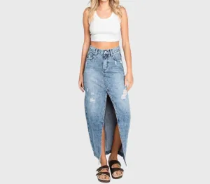 Destroyed Rigid Maxi Skirt With Split Hem In Medium