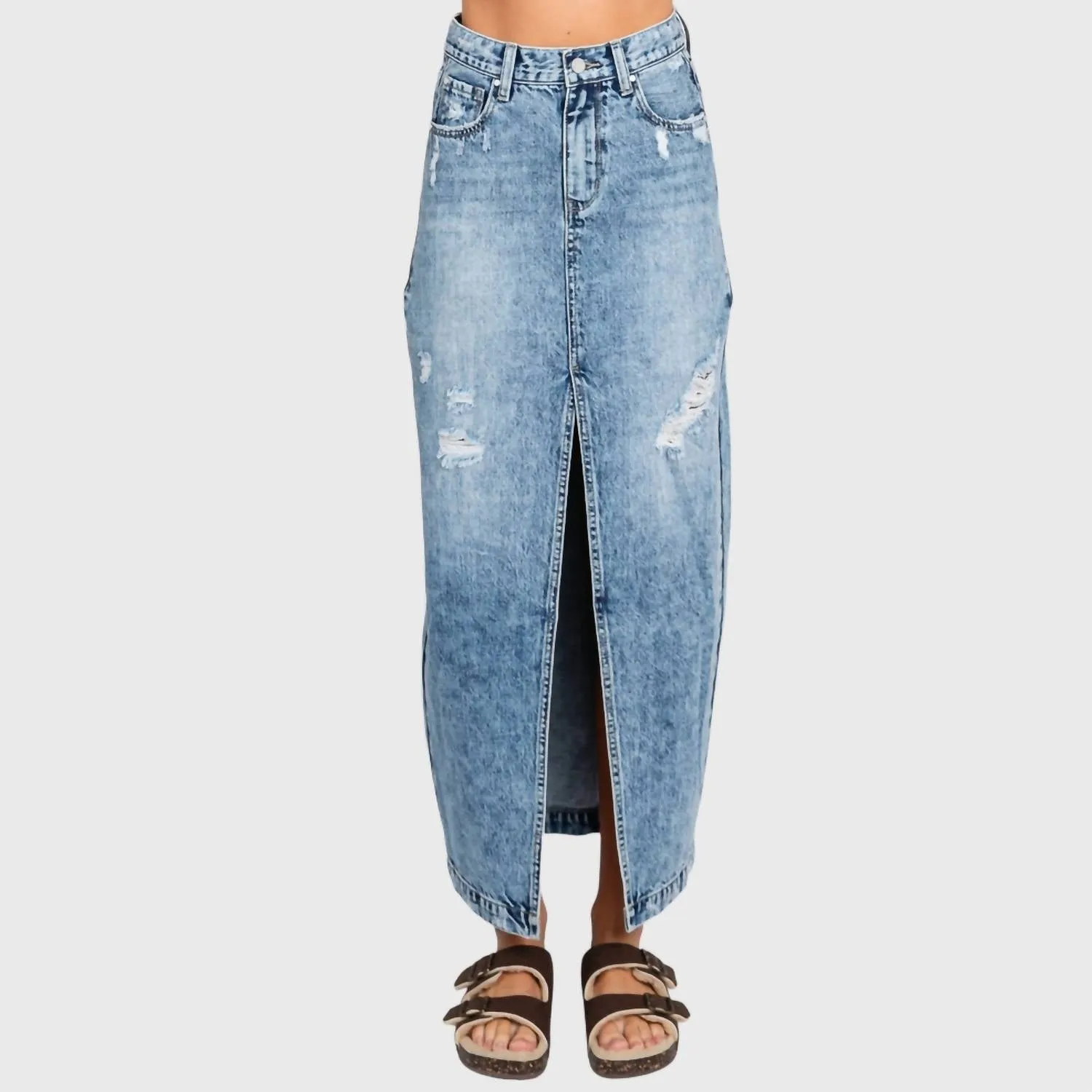 Destroyed Rigid Maxi Skirt With Split Hem In Medium