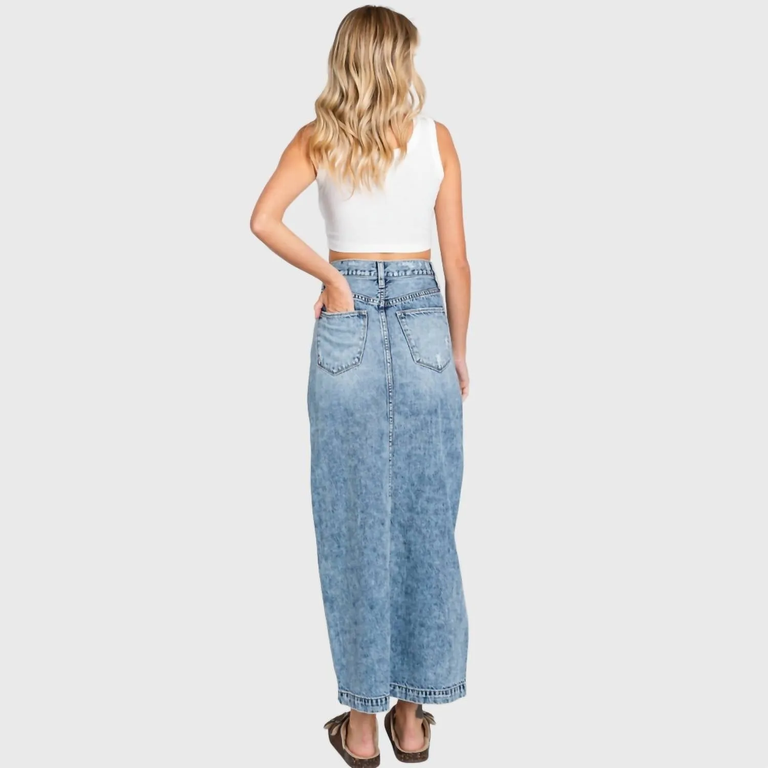 Destroyed Rigid Maxi Skirt With Split Hem In Medium