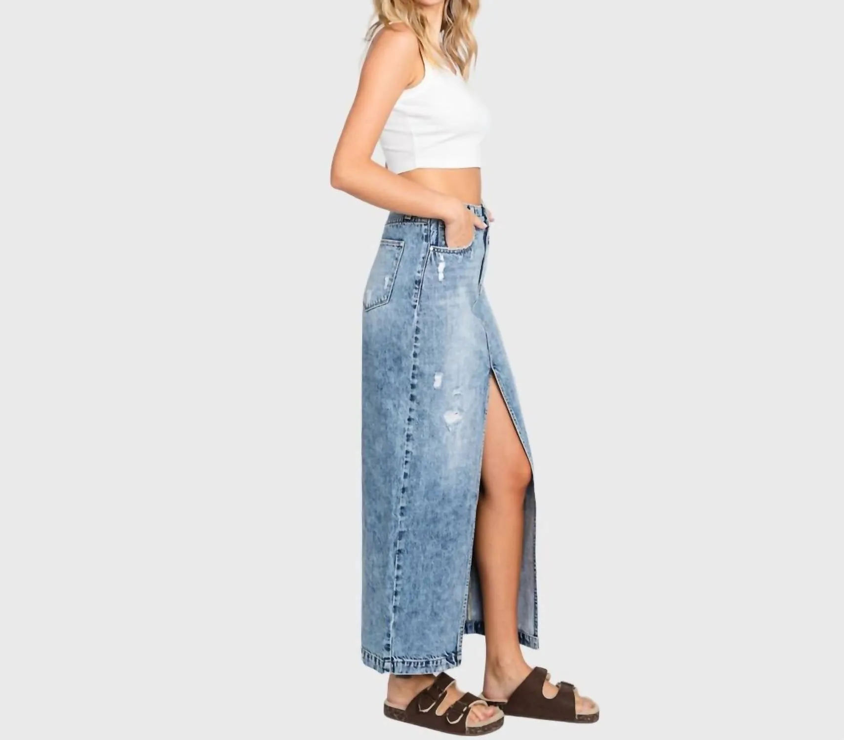 Destroyed Rigid Maxi Skirt With Split Hem In Medium