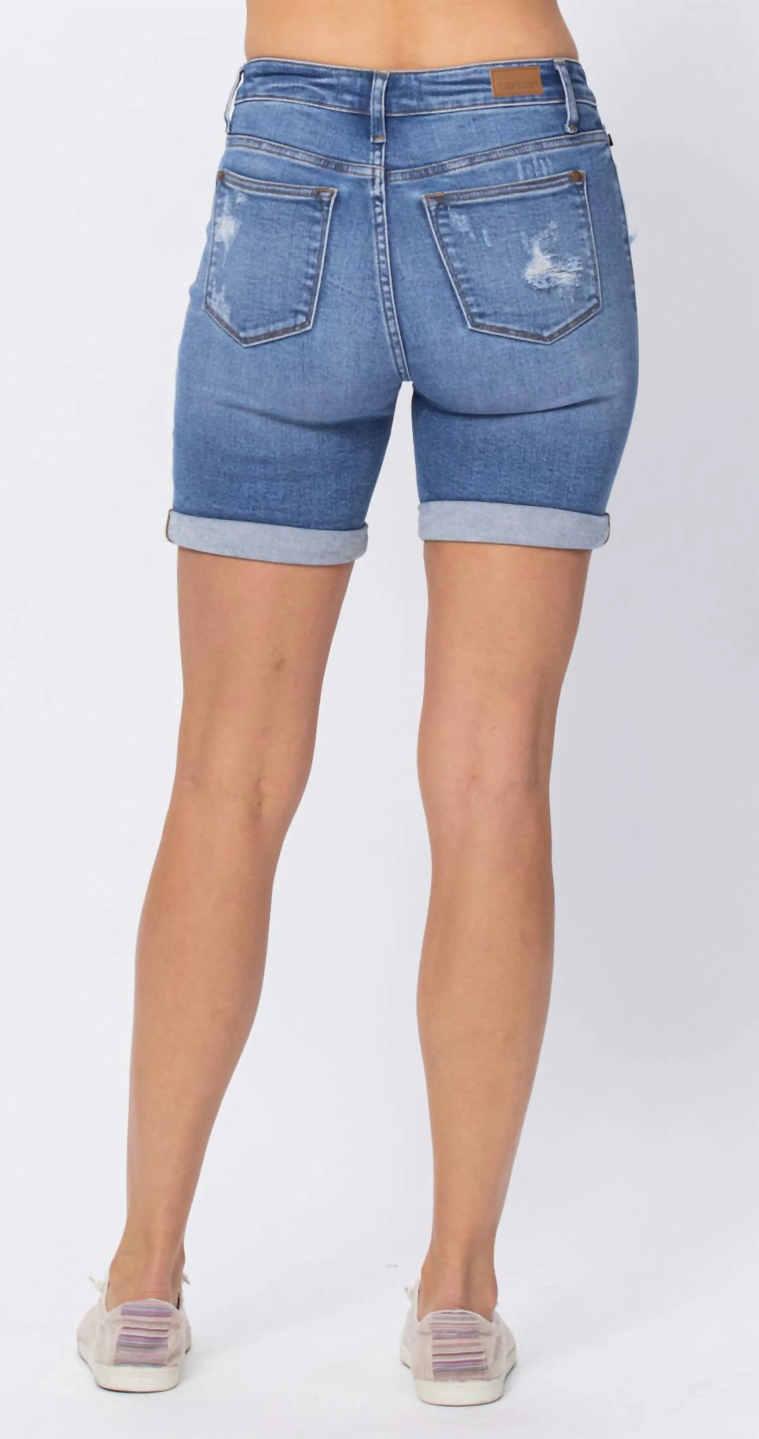 Distressed Bermuda Denim Shorts In Medium Wash