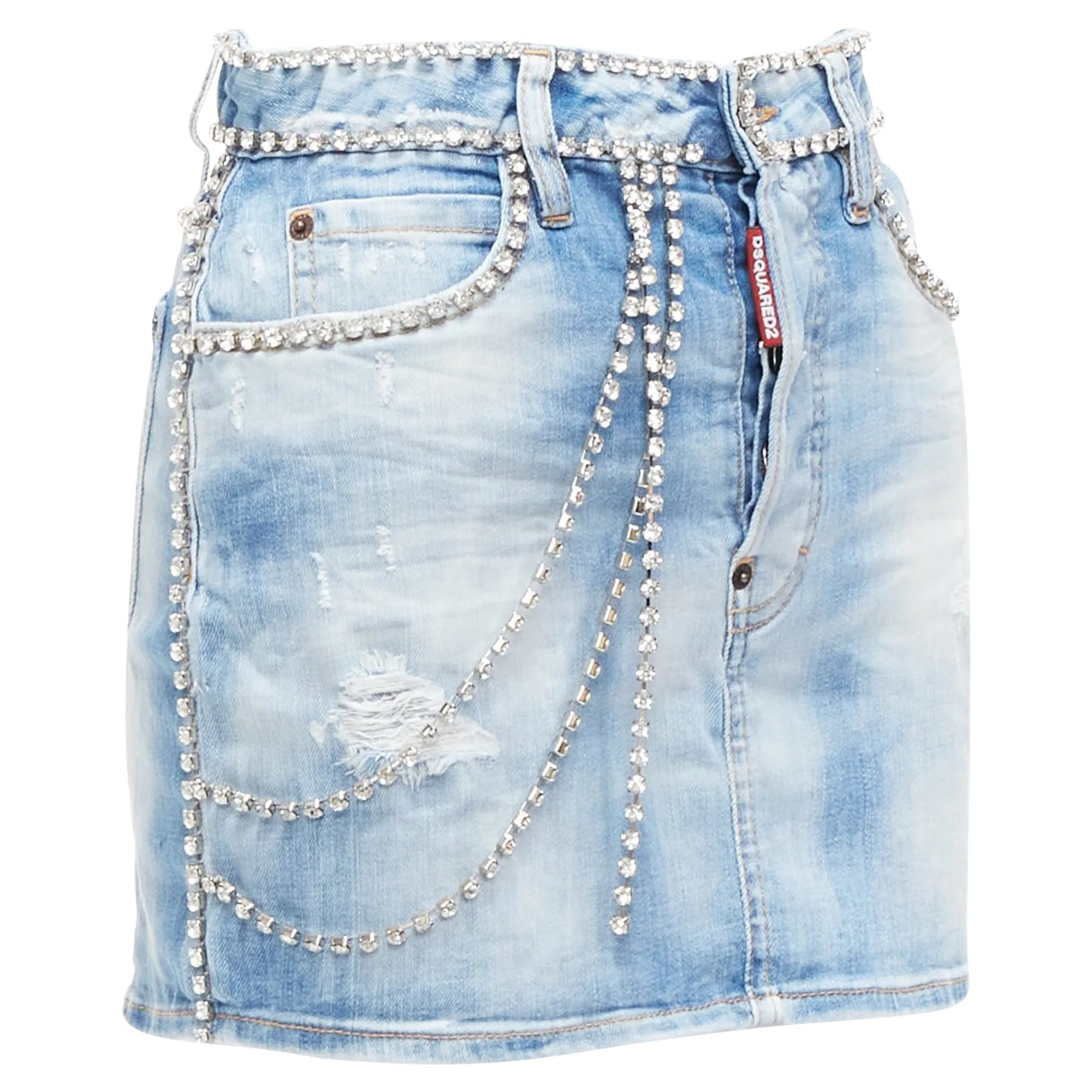 Dsquared2 Distressed Denim Crystal Chain Embellished Mini Skirt