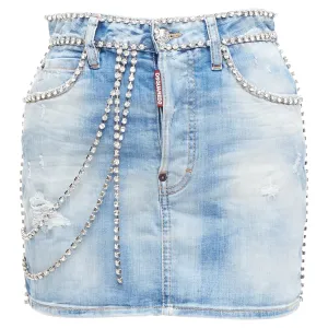 Dsquared2 Distressed Denim Crystal Chain Embellished Mini Skirt