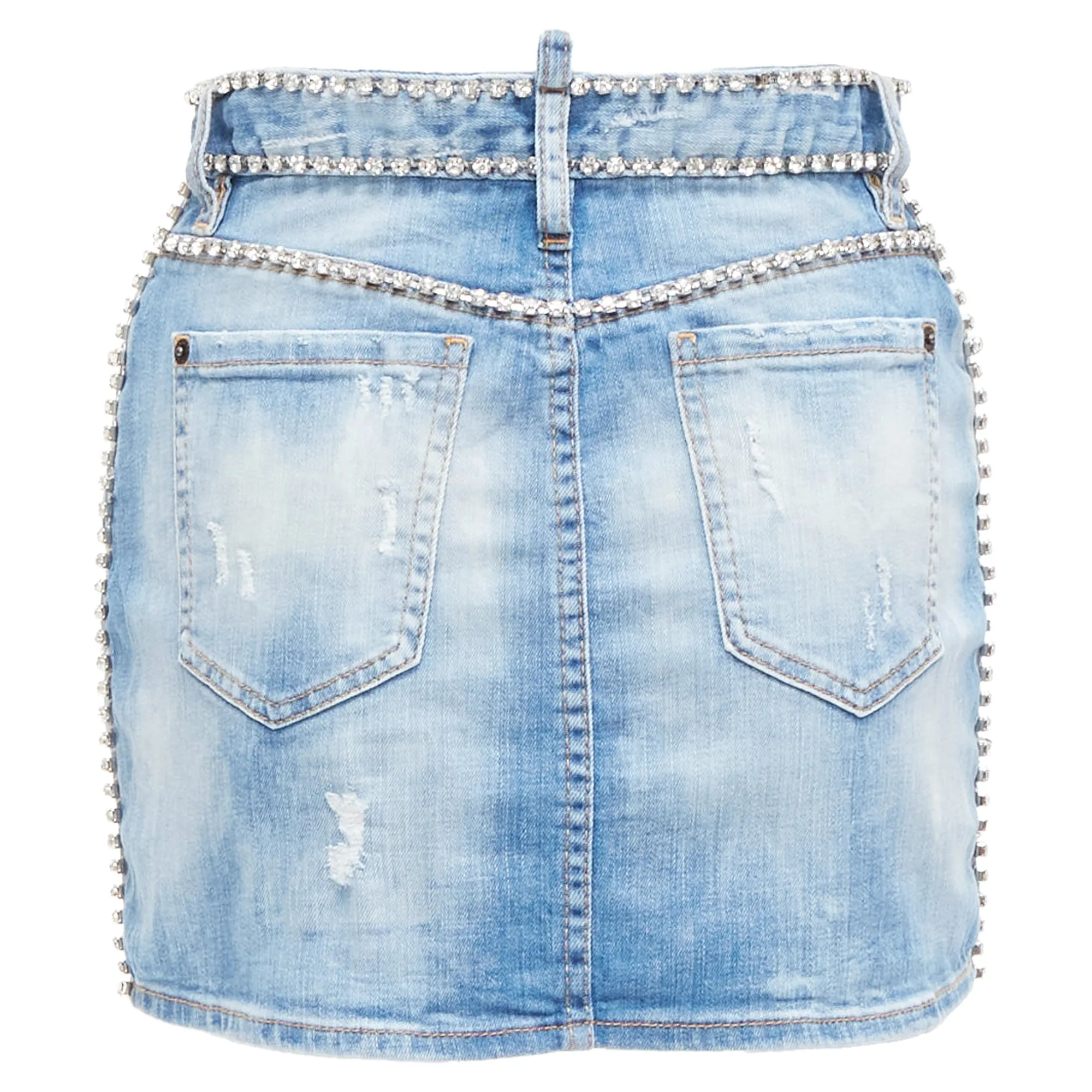 Dsquared2 Distressed Denim Crystal Chain Embellished Mini Skirt