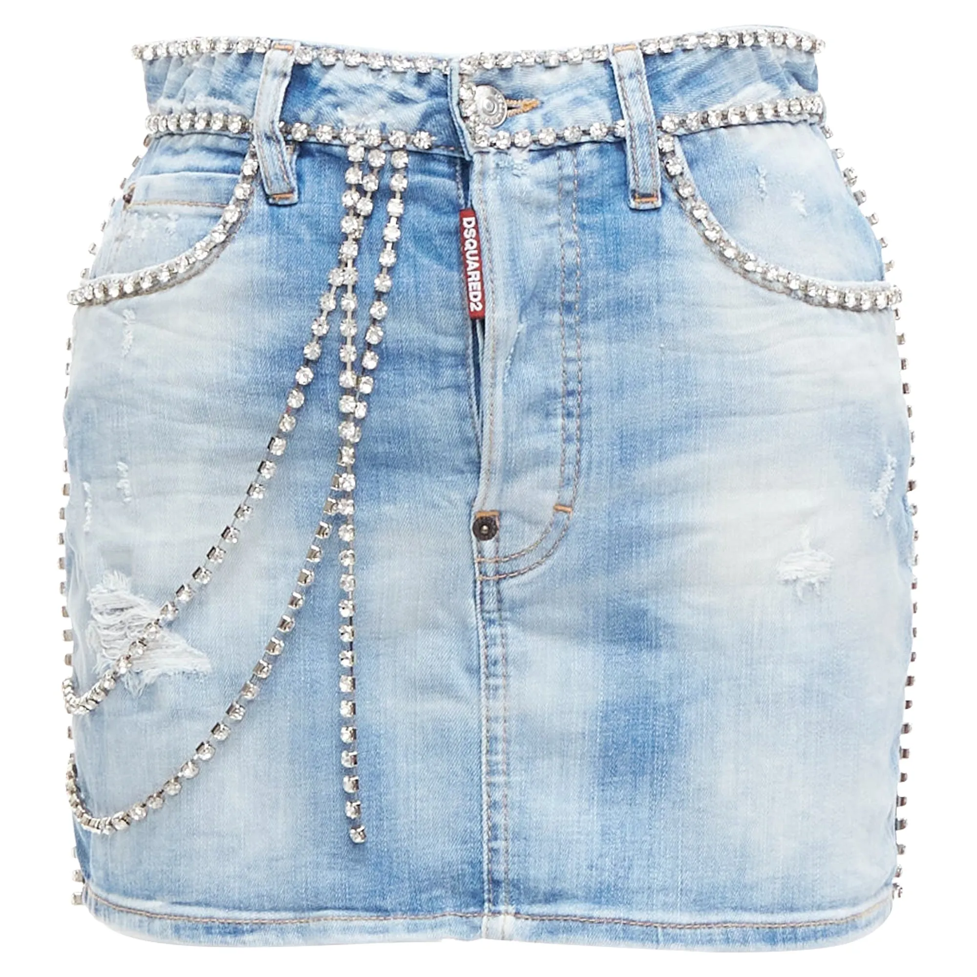 Dsquared2 Distressed Denim Crystal Chain Embellished Mini Skirt