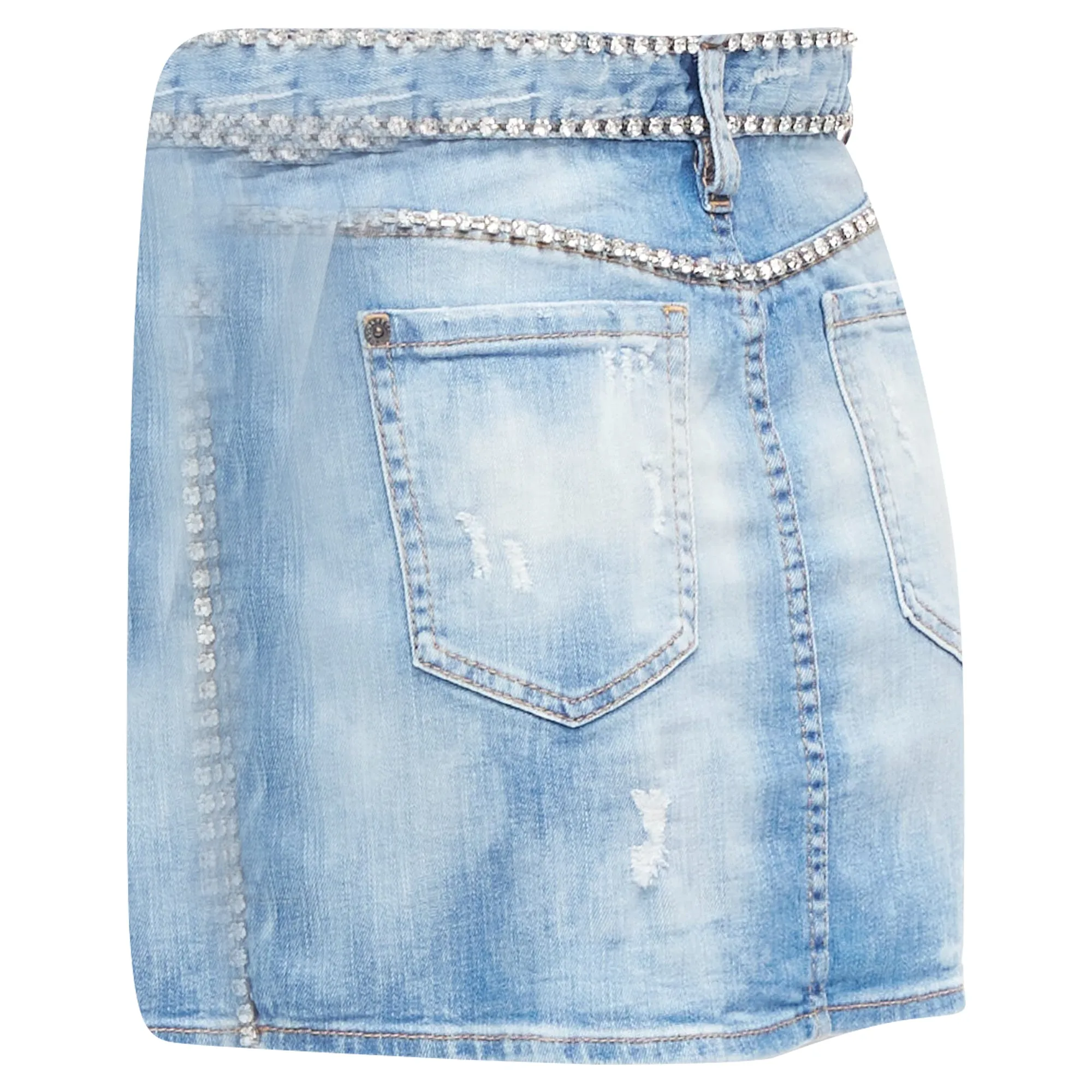 Dsquared2 Distressed Denim Crystal Chain Embellished Mini Skirt
