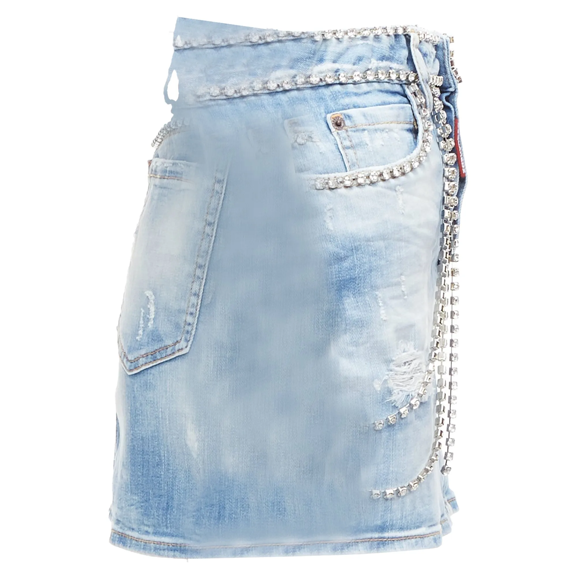 Dsquared2 Distressed Denim Crystal Chain Embellished Mini Skirt