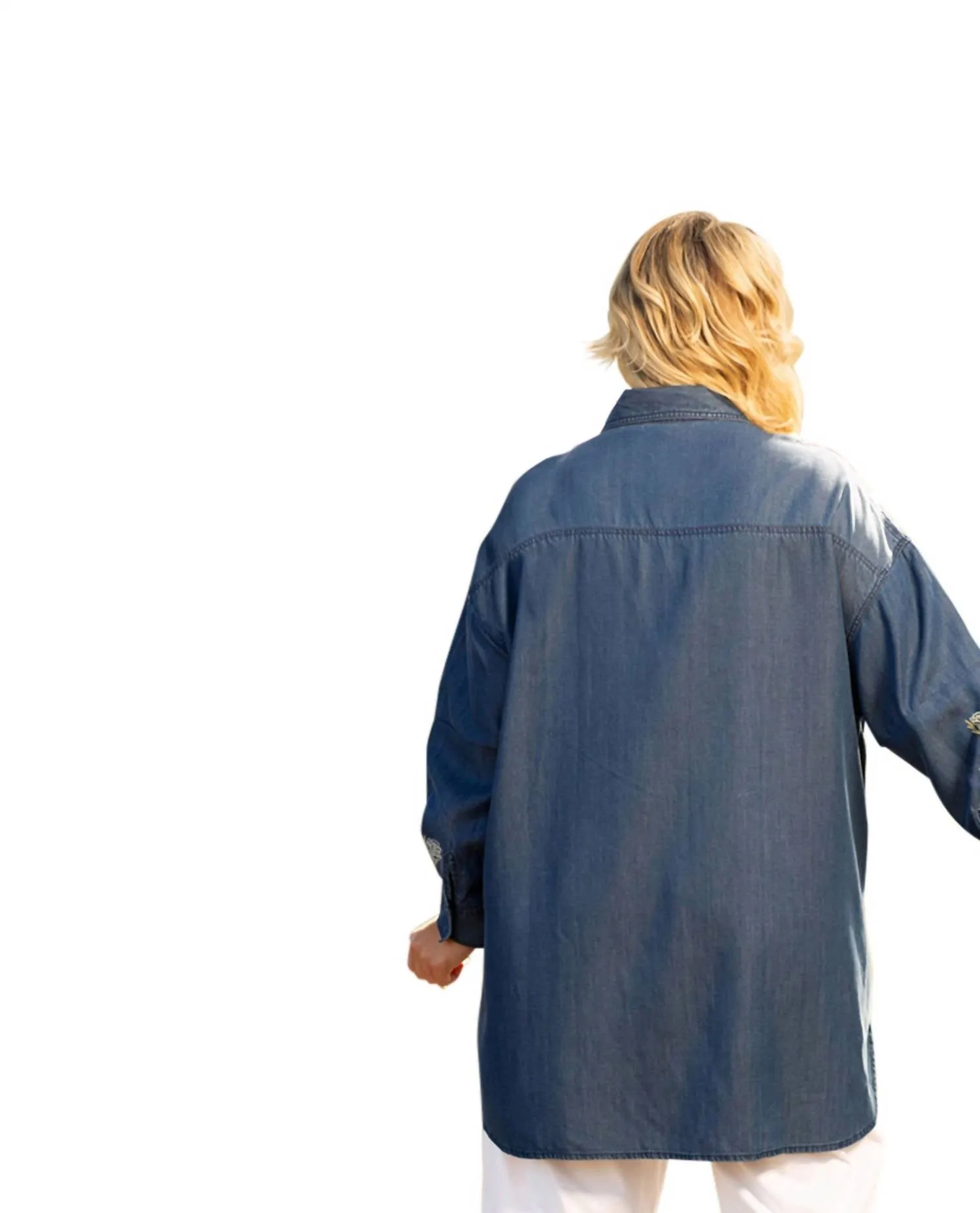 Embroidered Long Sleeve Oversize Tunic - Plus In Denim