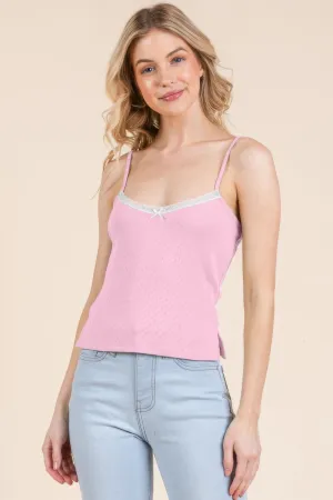 FASHNZFAB Women's Pointelle W/lace Detail Cami Top