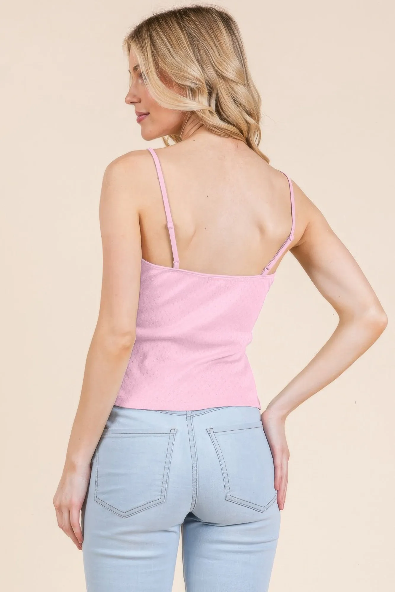 FASHNZFAB Women's Pointelle W/lace Detail Cami Top