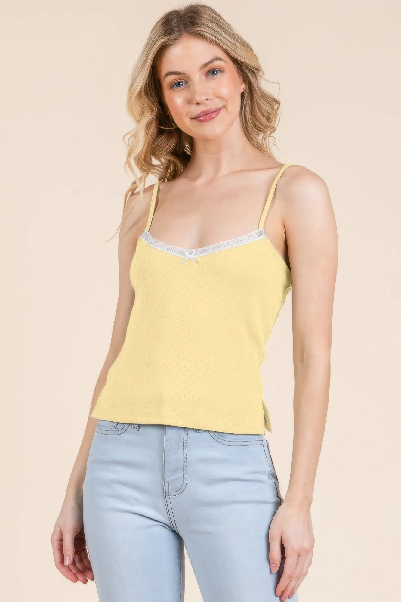 FASHNZFAB Women's Pointelle W/lace Detail Cami Top