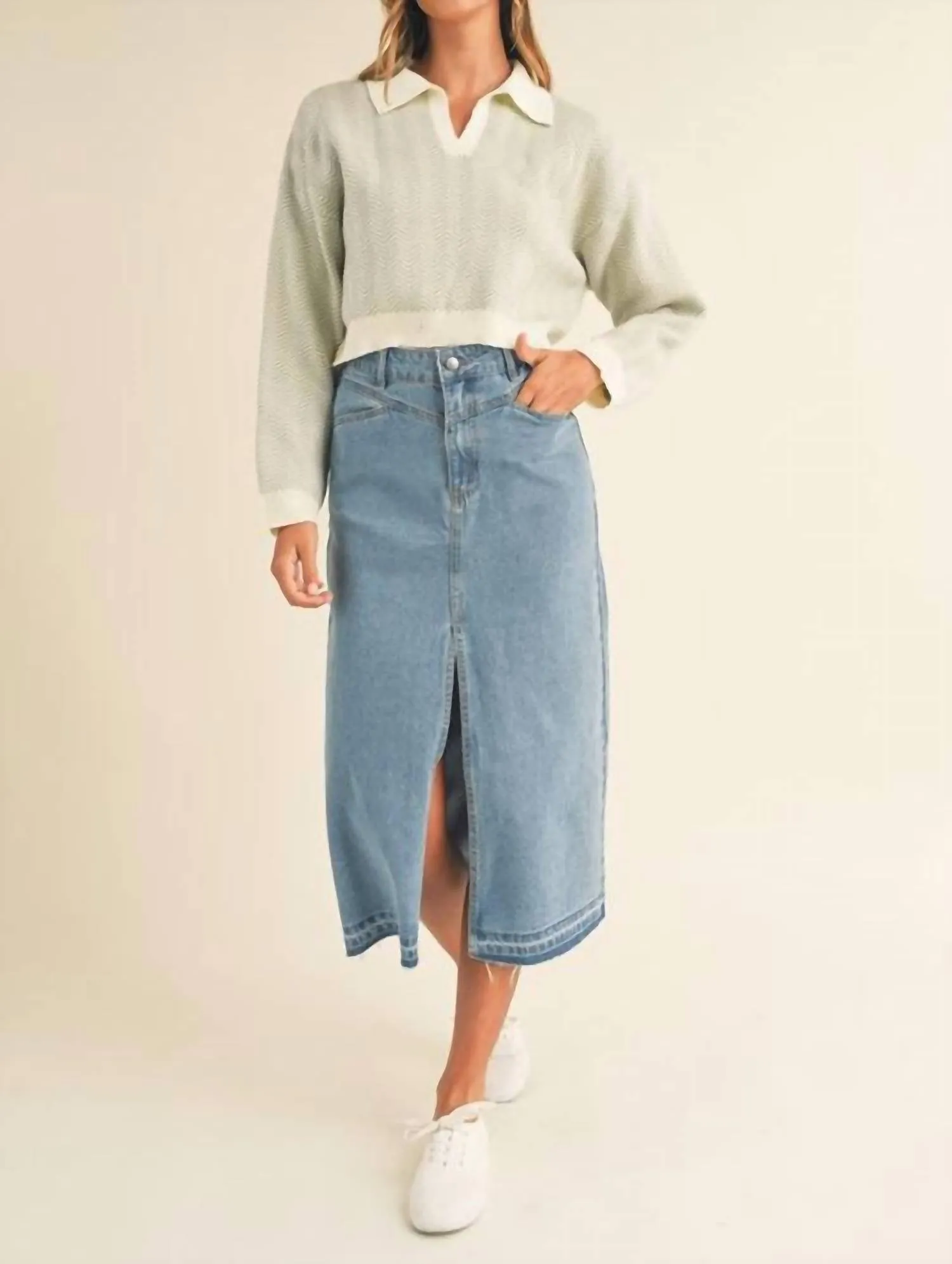 Front Slit Midi Denim Skirt In Blue