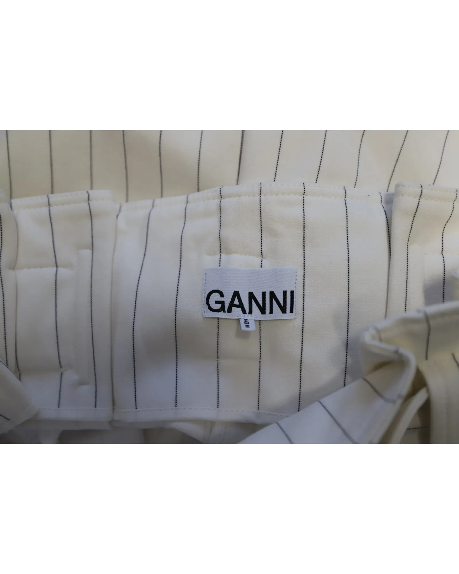 Ganni Pin Stripe Paperbag Shorts in White Print Polyester