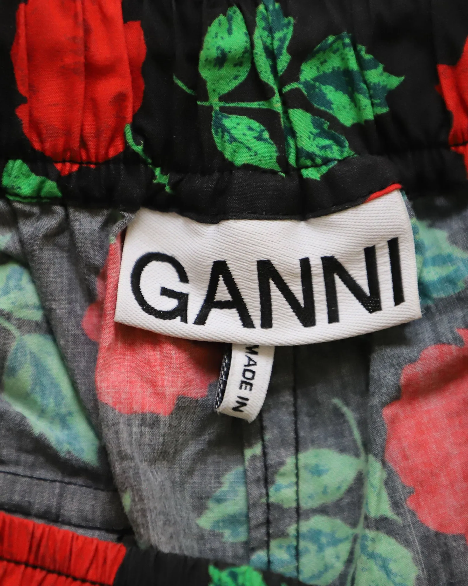 Ganni Rose Print Shorts in Black Cotton