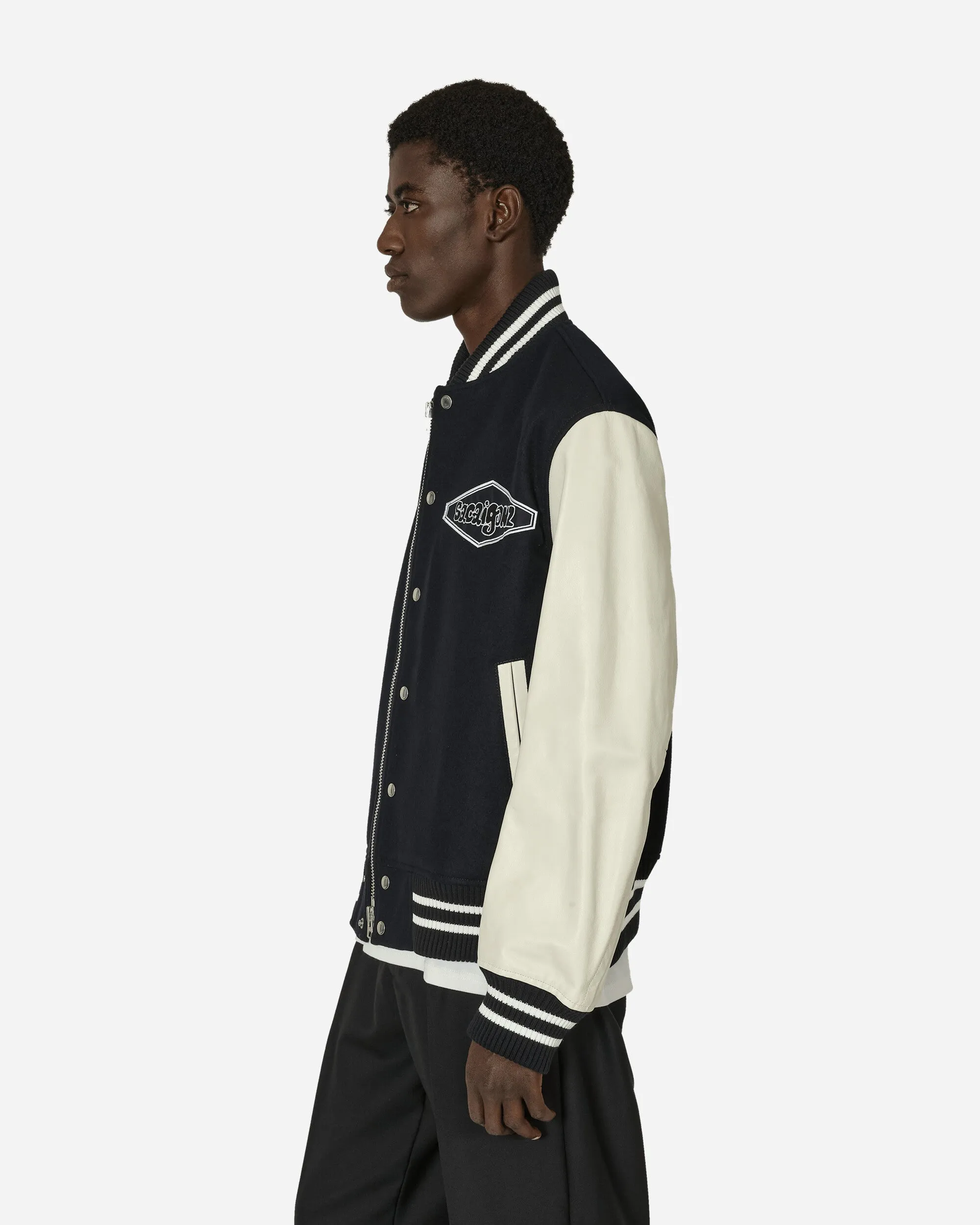 Gonz Wool Melton x Leather Jacket Navy / Off White
